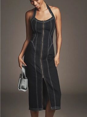 NWT Anthropologie Pilcro Front-Zip Halter Denim Midi Dress Secondhand